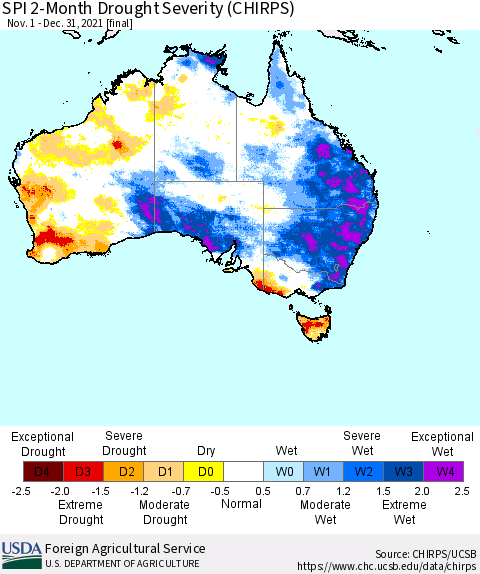 Australia SPI 2-Month Drought Severity (CHIRPS) Thematic Map For 11/1/2021 - 12/31/2021