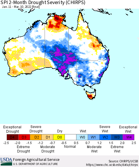 Australia SPI 2-Month Drought Severity (CHIRPS) Thematic Map For 1/11/2022 - 3/10/2022