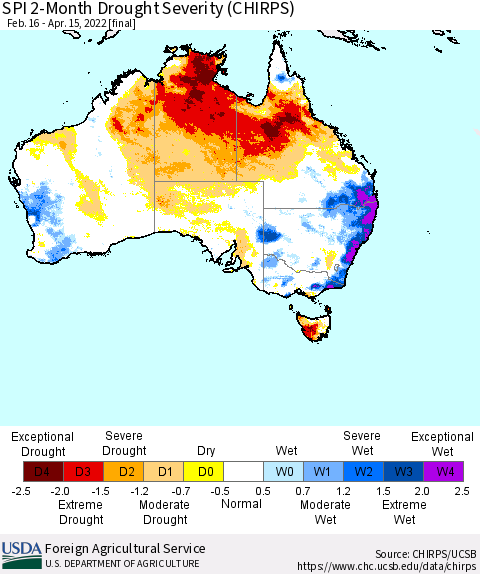 Australia SPI 2-Month Drought Severity (CHIRPS) Thematic Map For 2/16/2022 - 4/15/2022