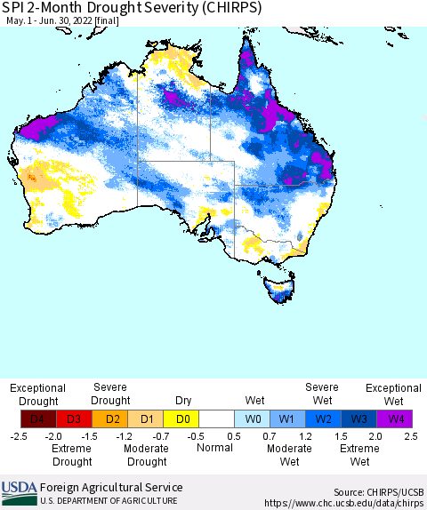 Australia SPI 2-Month Drought Severity (CHIRPS) Thematic Map For 5/1/2022 - 6/30/2022