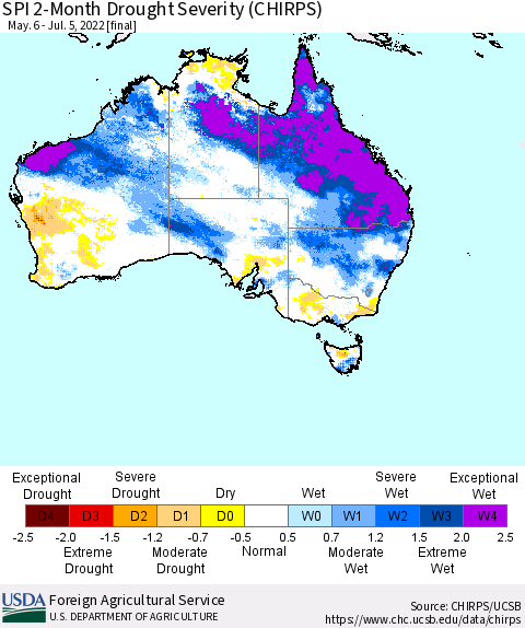 Australia SPI 2-Month Drought Severity (CHIRPS) Thematic Map For 5/6/2022 - 7/5/2022