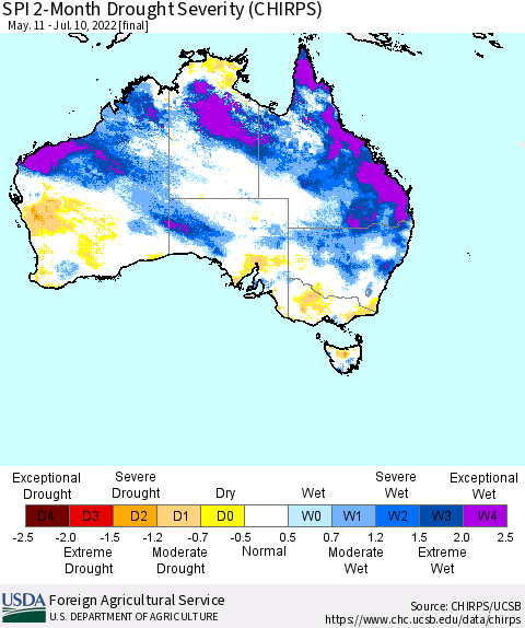 Australia SPI 2-Month Drought Severity (CHIRPS) Thematic Map For 5/11/2022 - 7/10/2022