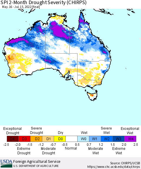 Australia SPI 2-Month Drought Severity (CHIRPS) Thematic Map For 5/16/2022 - 7/15/2022