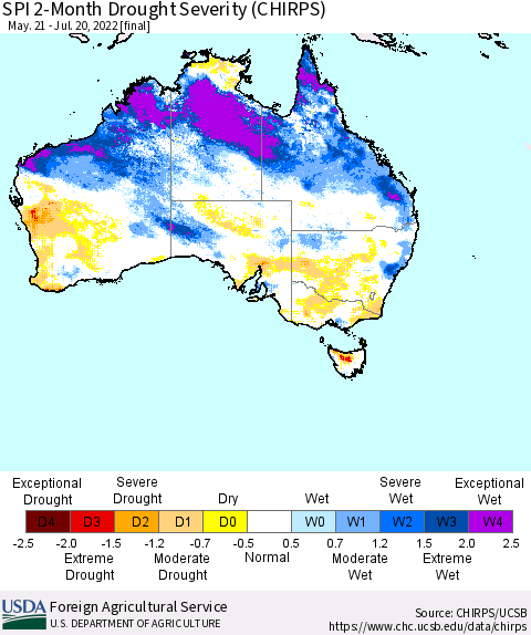 Australia SPI 2-Month Drought Severity (CHIRPS) Thematic Map For 5/21/2022 - 7/20/2022