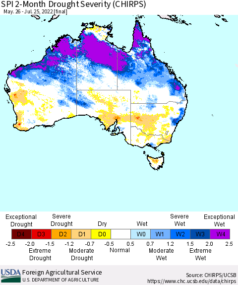 Australia SPI 2-Month Drought Severity (CHIRPS) Thematic Map For 5/26/2022 - 7/25/2022