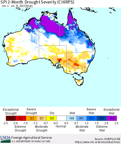 Australia SPI 2-Month Drought Severity (CHIRPS) Thematic Map For 6/1/2022 - 7/31/2022
