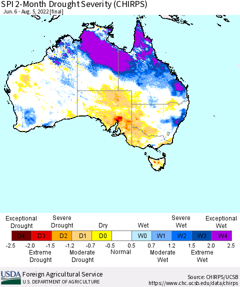 Australia SPI 2-Month Drought Severity (CHIRPS) Thematic Map For 6/6/2022 - 8/5/2022