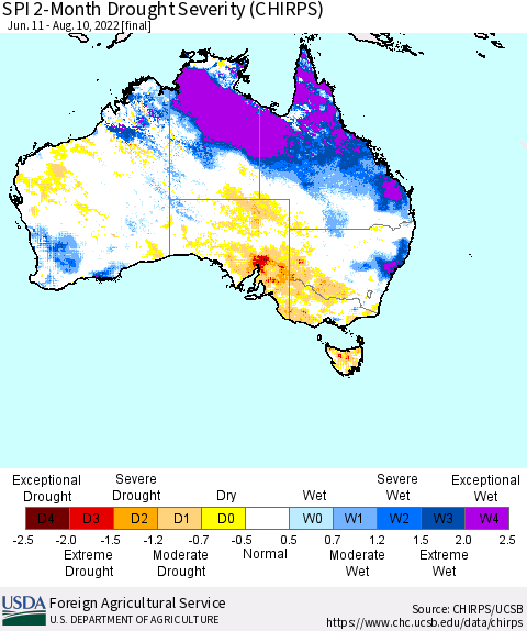 Australia SPI 2-Month Drought Severity (CHIRPS) Thematic Map For 6/11/2022 - 8/10/2022