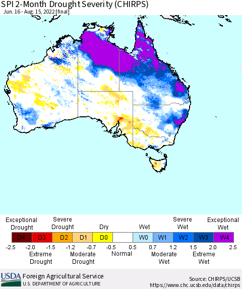 Australia SPI 2-Month Drought Severity (CHIRPS) Thematic Map For 6/16/2022 - 8/15/2022