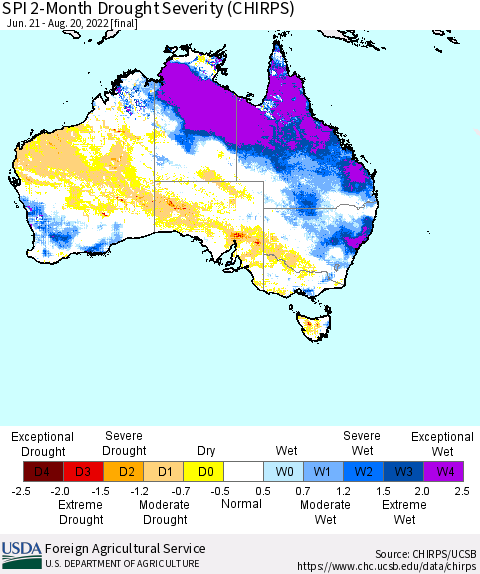Australia SPI 2-Month Drought Severity (CHIRPS) Thematic Map For 6/21/2022 - 8/20/2022