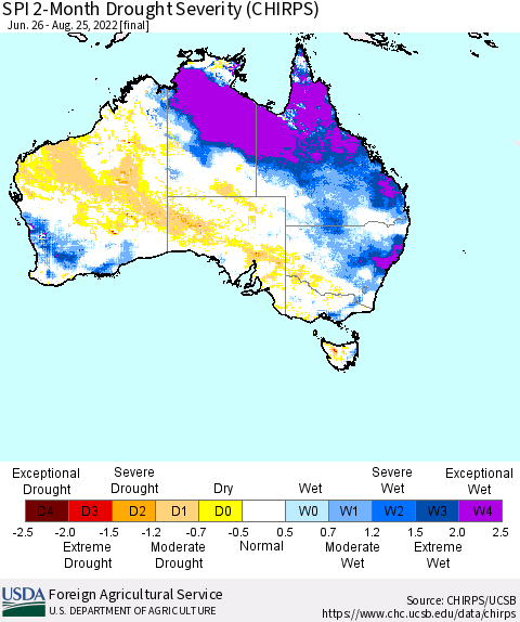 Australia SPI 2-Month Drought Severity (CHIRPS) Thematic Map For 6/26/2022 - 8/25/2022
