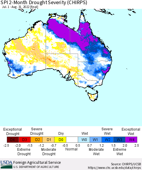 Australia SPI 2-Month Drought Severity (CHIRPS) Thematic Map For 7/1/2022 - 8/31/2022