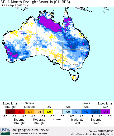 Australia SPI 2-Month Drought Severity (CHIRPS) Thematic Map For 7/6/2022 - 9/5/2022