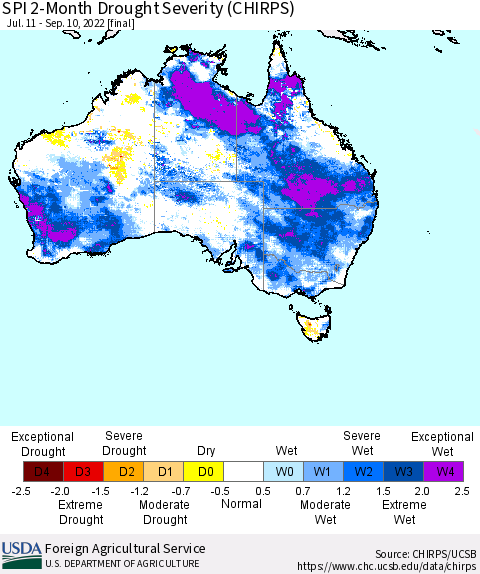 Australia SPI 2-Month Drought Severity (CHIRPS) Thematic Map For 7/11/2022 - 9/10/2022