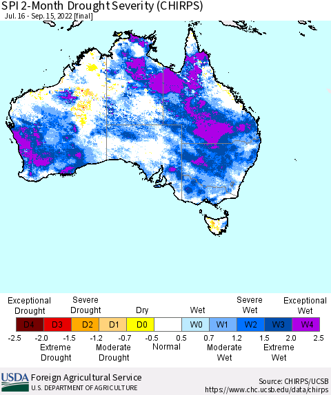 Australia SPI 2-Month Drought Severity (CHIRPS) Thematic Map For 7/16/2022 - 9/15/2022