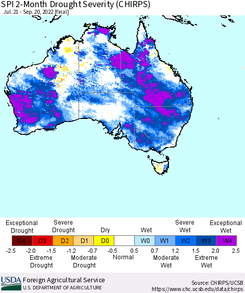 Australia SPI 2-Month Drought Severity (CHIRPS) Thematic Map For 7/21/2022 - 9/20/2022