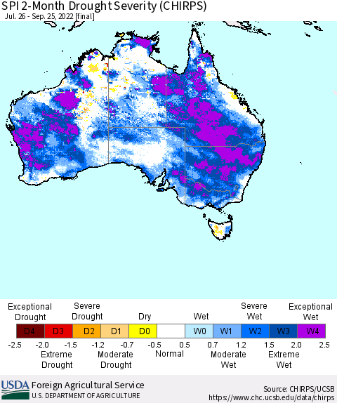 Australia SPI 2-Month Drought Severity (CHIRPS) Thematic Map For 7/26/2022 - 9/25/2022