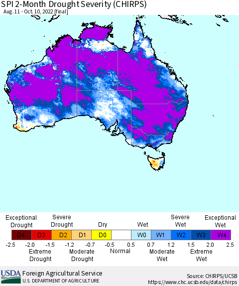 Australia SPI 2-Month Drought Severity (CHIRPS) Thematic Map For 8/11/2022 - 10/10/2022