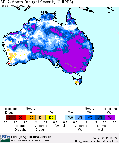Australia SPI 2-Month Drought Severity (CHIRPS) Thematic Map For 9/6/2022 - 11/5/2022