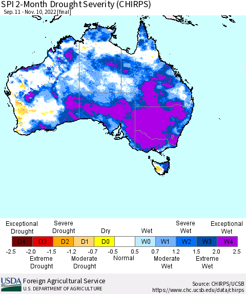 Australia SPI 2-Month Drought Severity (CHIRPS) Thematic Map For 9/11/2022 - 11/10/2022