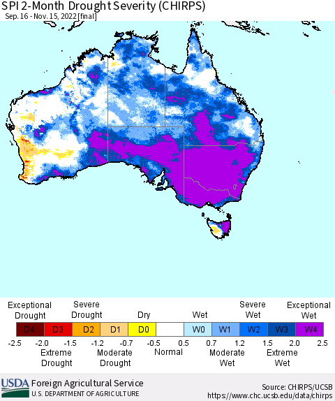 Australia SPI 2-Month Drought Severity (CHIRPS) Thematic Map For 9/16/2022 - 11/15/2022