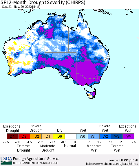 Australia SPI 2-Month Drought Severity (CHIRPS) Thematic Map For 9/21/2022 - 11/20/2022