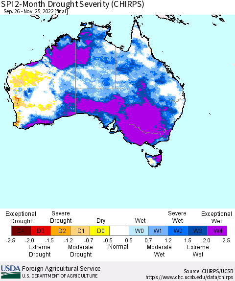 Australia SPI 2-Month Drought Severity (CHIRPS) Thematic Map For 9/26/2022 - 11/25/2022