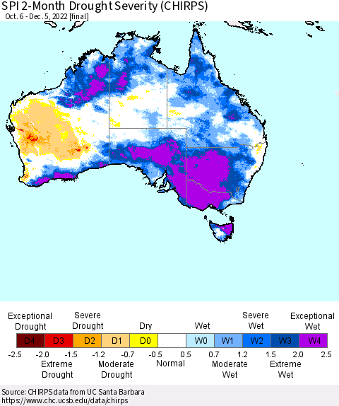 Australia SPI 2-Month Drought Severity (CHIRPS) Thematic Map For 10/6/2022 - 12/5/2022