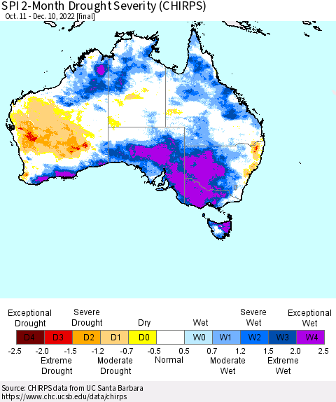 Australia SPI 2-Month Drought Severity (CHIRPS) Thematic Map For 10/11/2022 - 12/10/2022