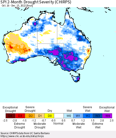 Australia SPI 2-Month Drought Severity (CHIRPS) Thematic Map For 10/16/2022 - 12/15/2022
