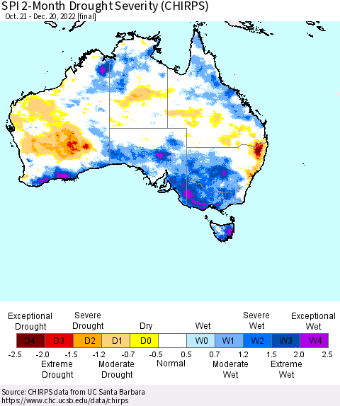 Australia SPI 2-Month Drought Severity (CHIRPS) Thematic Map For 10/21/2022 - 12/20/2022