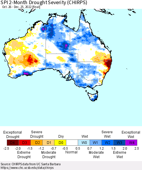 Australia SPI 2-Month Drought Severity (CHIRPS) Thematic Map For 10/26/2022 - 12/25/2022