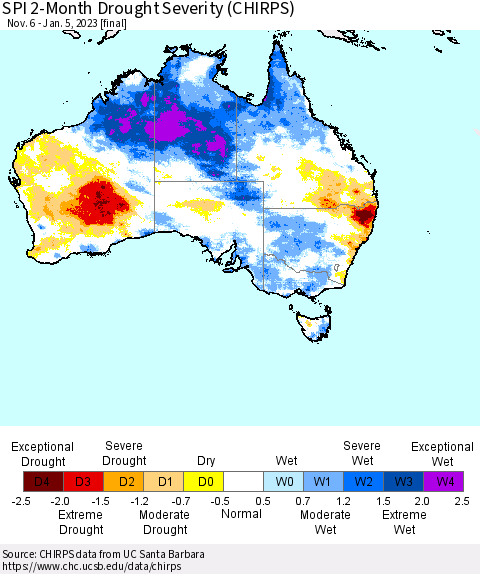 Australia SPI 2-Month Drought Severity (CHIRPS) Thematic Map For 11/6/2022 - 1/5/2023