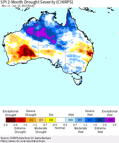 Australia SPI 2-Month Drought Severity (CHIRPS) Thematic Map For 11/11/2022 - 1/10/2023