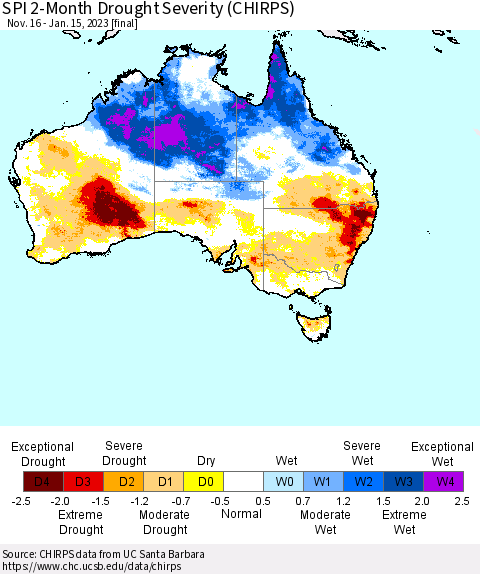 Australia SPI 2-Month Drought Severity (CHIRPS) Thematic Map For 11/16/2022 - 1/15/2023