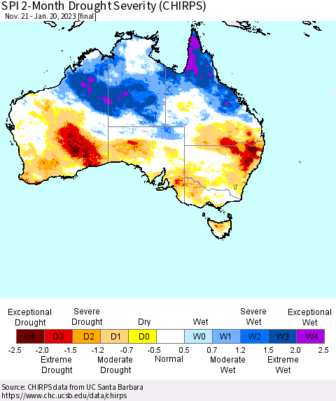 Australia SPI 2-Month Drought Severity (CHIRPS) Thematic Map For 11/21/2022 - 1/20/2023