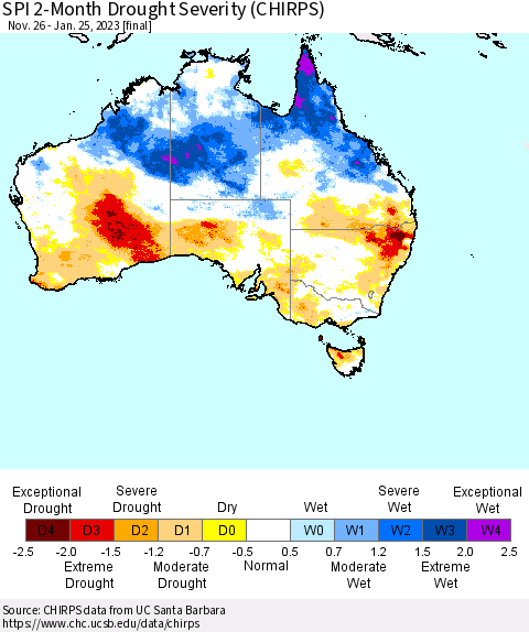 Australia SPI 2-Month Drought Severity (CHIRPS) Thematic Map For 11/26/2022 - 1/25/2023
