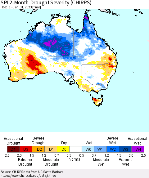 Australia SPI 2-Month Drought Severity (CHIRPS) Thematic Map For 12/1/2022 - 1/31/2023