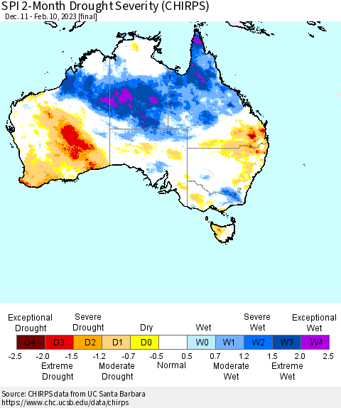 Australia SPI 2-Month Drought Severity (CHIRPS) Thematic Map For 12/11/2022 - 2/10/2023