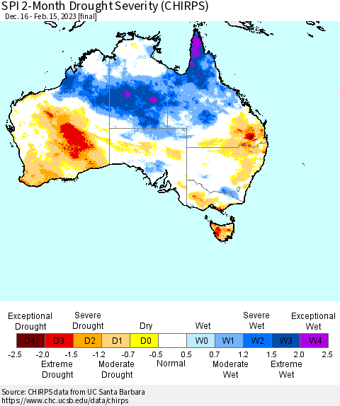 Australia SPI 2-Month Drought Severity (CHIRPS) Thematic Map For 12/16/2022 - 2/15/2023