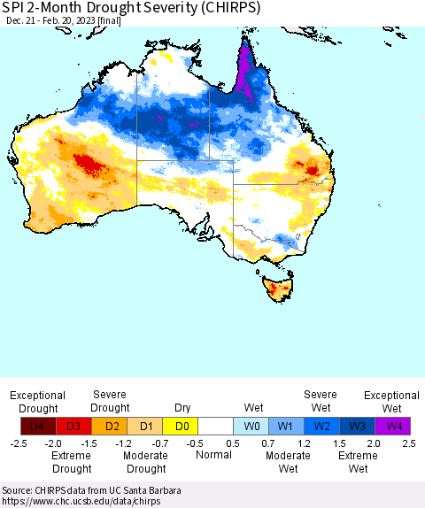 Australia SPI 2-Month Drought Severity (CHIRPS) Thematic Map For 12/21/2022 - 2/20/2023