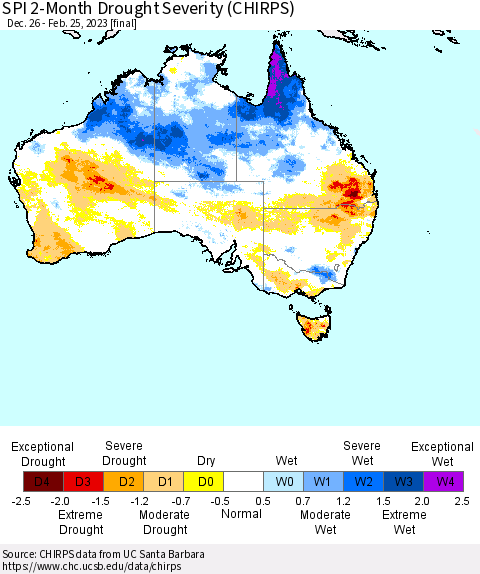 Australia SPI 2-Month Drought Severity (CHIRPS) Thematic Map For 12/26/2022 - 2/25/2023