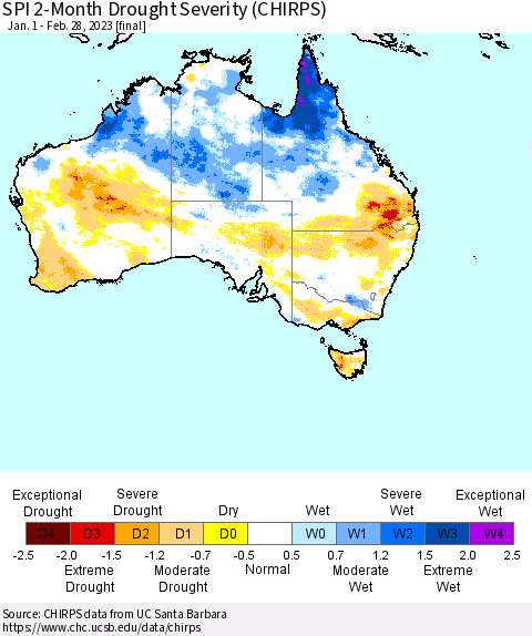 Australia SPI 2-Month Drought Severity (CHIRPS) Thematic Map For 1/1/2023 - 2/28/2023