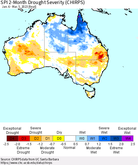 Australia SPI 2-Month Drought Severity (CHIRPS) Thematic Map For 1/6/2023 - 3/5/2023