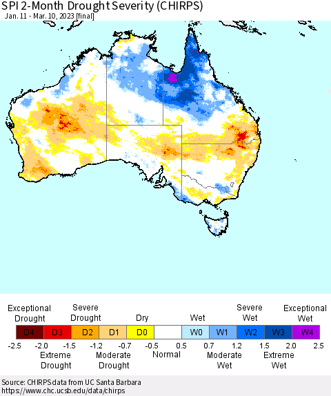 Australia SPI 2-Month Drought Severity (CHIRPS) Thematic Map For 1/11/2023 - 3/10/2023