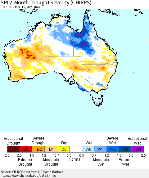 Australia SPI 2-Month Drought Severity (CHIRPS) Thematic Map For 1/16/2023 - 3/15/2023
