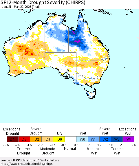 Australia SPI 2-Month Drought Severity (CHIRPS) Thematic Map For 1/21/2023 - 3/20/2023