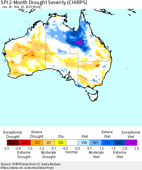 Australia SPI 2-Month Drought Severity (CHIRPS) Thematic Map For 1/26/2023 - 3/25/2023