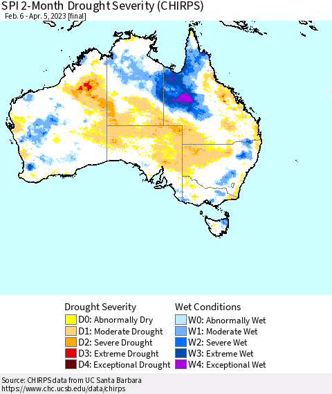 Australia SPI 2-Month Drought Severity (CHIRPS) Thematic Map For 2/6/2023 - 4/5/2023