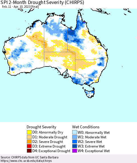 Australia SPI 2-Month Drought Severity (CHIRPS) Thematic Map For 2/11/2023 - 4/10/2023